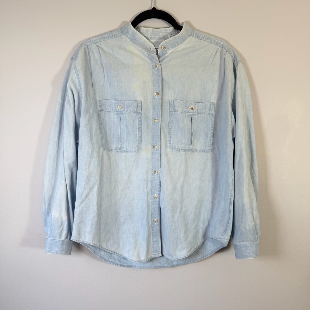 Vintage Talbots Chambray Shirt Light Blue Mandarin Collar 100% Cotton 10 M/L